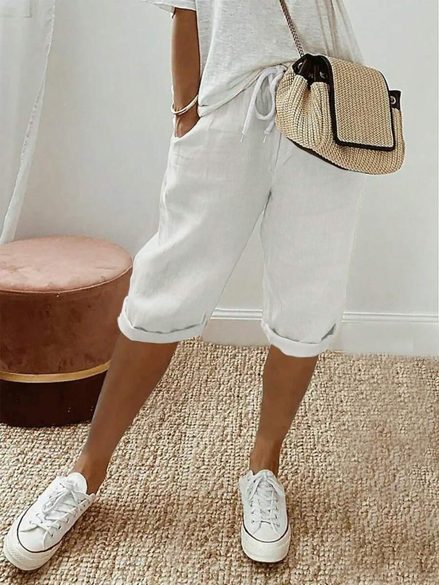 女士纯色休闲卷腰抽绳短裤夏季 - 奶奶灰 - 查看 1