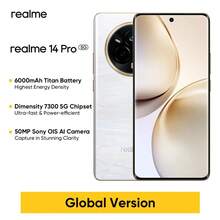 Realme 14 Pro 解锁手机 8GB+256GB / 12GB+512GB 全球版，AI 5G LTE，安卓 15 智能手机，联发科 D7300E 处理器手机，6000mAh 长寿命电池，45W 快速充电 - 白色 - 查看 1