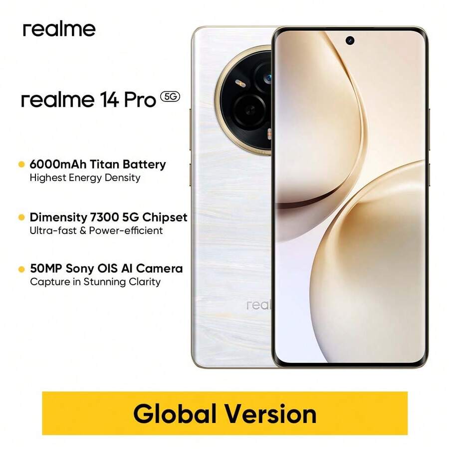 Realme 14 Pro 解锁手机 8GB+256GB / 12GB+512GB 全球版，AI 5G LTE，安卓 15 智能手机，联发科 D7300E 处理器手机，6000mAh 长寿命电池，45W 快速充电 - 白色 - 查看 1