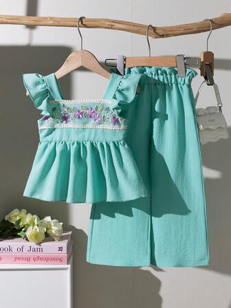 BASUSARRI 2pcs/Set Girls Ruffled Vest Top With 3D Jacquard Mesh Pants, Elegant Chinese Style Outfit For Summer