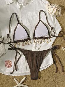 Women's Solid Color Beach Vacation Textured Fabric Shell Strap Triangle Cup Bikini Set - Brown - View 5