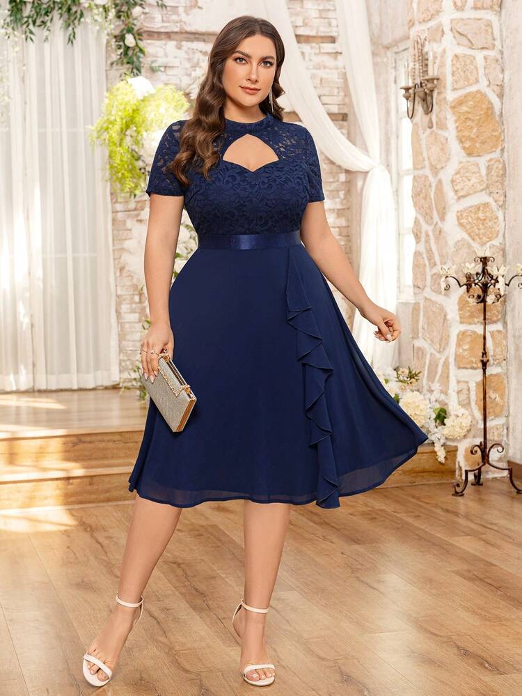 Plus Elegant Floral Lace Mock Keyhole Neck Contrast Chiffon Ruffle Hem Prom Cocktail Party Swing Dress, Wedding Guest Dress, For Birthday, Graduation, Dinner Date - Navy Blue - View 4