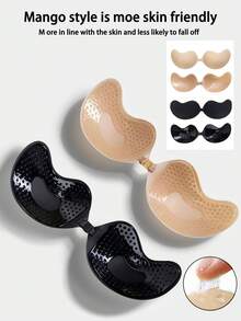 Set de 4 piezas (2 negros + 2 color piel) de copas de sujetador adhesivo de silicona sin tirantes, sin espalda y con efecto push up, realzador invisible de escote para mujeres, pétalos de sujetador adhesivos transpirables para vestidos de escote pronunciado y prendas sin espalda - Multicolor - Ver 1
