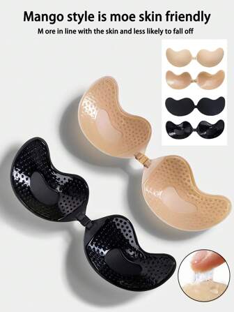 4pcs/Set (2 Black + 2 Skin Color) Strapless Sticky Silicone Backless Push Up Bra Cups Invisible Cleavage Enhancer For Women, Breathable Adhesive Bra Petals For Deep V Dresses & Backless Outfits