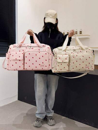 1pc Strawberry Pattern Corduroy Material Travel Luggage Bag, Large Capacity Clothes Storage, With Separated Shoe Compartment And Wet/Dry Pouch, Detachable Adjustable Shoulder Strap, Suitable For Travel, Swimming, Sports & Fitness Back To School Supplies Bag For School School Accessories School Stuff