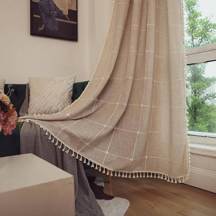 Boho Curtains 84 Inches Long Bedroom, Taupe Cotton Linen White Stripes Embroidery, Chic Hollow Geometric, Semi Blackout Window Vintage Drape With Tassels, 1 Panel W52 X L84, Fashionable Home Decor - 亞麻布 - 查看 1