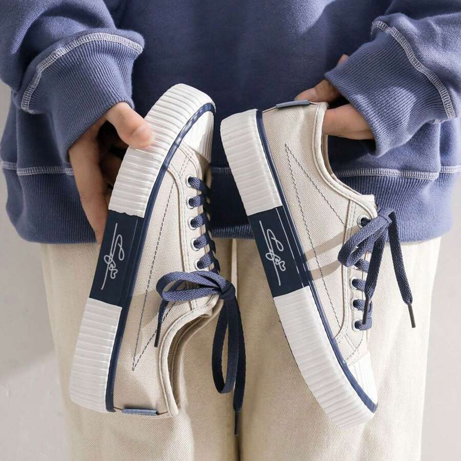 Women Shoes Vintage Contrast Color Platform Flat Sole Lace Up Comfortable Everyday Wear - Màu be - Xem 1