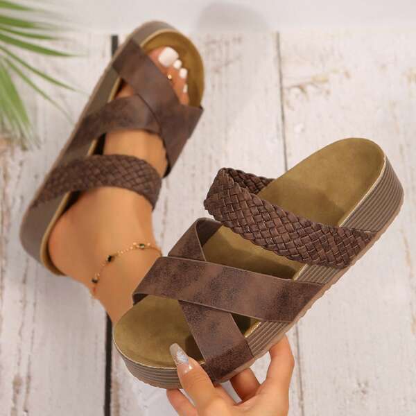 Sandals For Women Casual Style Braided Footbed Solid Color Comfort