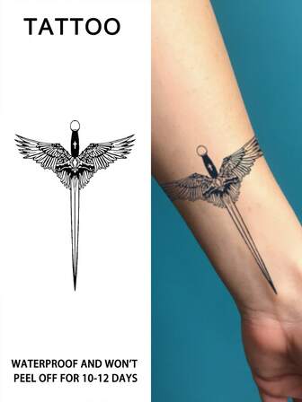 1Pc Cross Sword Western Pattern Temporary Tattoos Semi Permanent Tattoo Waterproof Sweatproof Last For 1-2 Weeks Realistic Herbal Juice Anti-Friction Non-Reflective Faux Black Fake Tattoos For Woman And Men Tattoo Stickers For Arm, Chest, Leg, Abdomen, Waist, Finger, Neck, Spine, Modernist Body Art