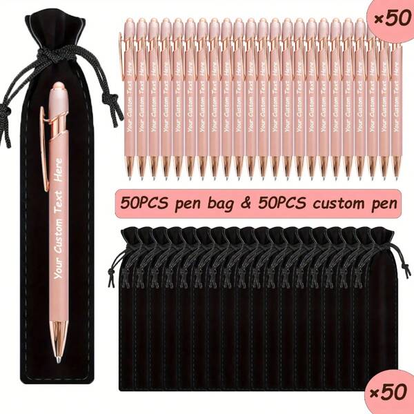 Set de 50 de pixuri rotunde personalizate, de lux, cu atingere moale, cu carcasă neagră - instrumente de scris personalizate, potrivite pentru nume și site-uri web ale companiilor, cadou perfect pentru bărbați, cadouri de aniversare, ziua de naștere, sezonul absolvirii