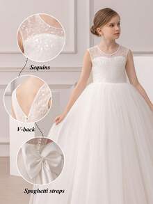 少女优雅蝴蝶结装饰连衣裙，花童公主裙，适合女孩婚礼、派对、生日、圣餐、重要场合 - 白色 - 查看 5