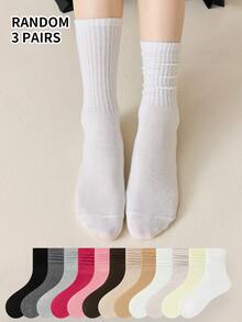 3 Pairs Women's Thin Hi-Elastic Solid Color Socks, Versatile Casual, Ins Style, Student, Sports, Mid-Calf Socks, Daily Wear, Summer - Multicolor - View 2