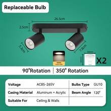 CANMEIJIA Foco empotrado en el techo GU10, lámpara LED de doble cabezal blanca y rotatoria para decoración de habitaciones, apta para sala de estar/dormitorio/cocina/balcón/almacén/estudio/comedor/bar/cafetería/lobby/pasillo/oficina, AC85-265V - Foco GU10 de doble cabezal - Ver 13