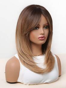 16 Inch Middle Long Straight Hair Brown To Blonde Wig Dark Roots Synthetic Wigs Heat Resistance Hair With Side Bangs Wigs For Women - Brown Ombre - View 4