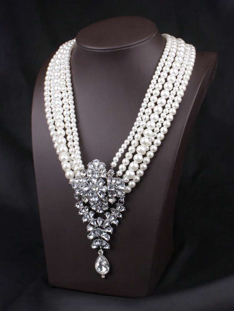 [Luxury Pearl Necklace] Elegant Multi-Strand Faux Pearl Necklace - Luxury Crystal Pendant, Party Banquet Accessory For Women - Pearl - View 5