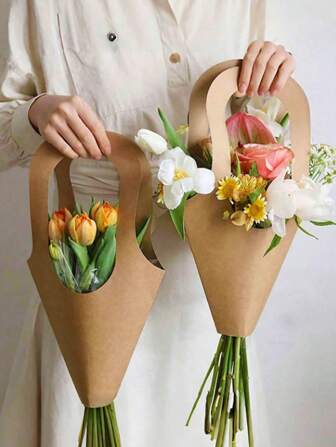 5-10pcs Kraft Paper Flower Gift Bag With Handle, Hand-Held Floral Packaging Bag,Flower Bouquet Holder, Wedding Decor Flower Bags For Bouquets, Kraft Paper Flower Bags For Dating Gifts For Flower Arrangement Florist Shop Packaging Supplies,Suitable For Valentine's Day,Wedding Decoration,New Year Decorations,Christmas Decoration Mother's Day Graduation For Present Wrapping, Holidays, Wedding, Birthday, Party Favor Bags Mother's Day Graduation