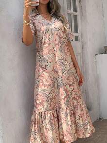 Elegante vestido largo árabe para mujer de tela tejida con mangas cortas, cuello en V y detalles de patrón con alambre, para primavera - Albaricoque - Ver 6