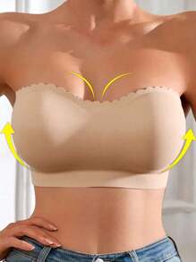 Lässig-bequemer nahtloser trägerloser Push-up-BH für Damen, Bandeau, nahtlos, gewellter Saum, kabellos, seitlicher Verschluss, Tube-Top, weich gepolsterte Körbchen, überkreuzter, gewellter Saum, Rüschenunterwäsche für den Alltag, Dessous-BH mit Trägerrücken, einfaches Bandeau, transparent, schwarz, Traceless Basics, schwarzer Dessous-BH, verstellbares Bralette, sexy Träger