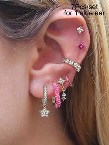 7 Stück/Set Ohrringe für Frauen, goldfarbene Ohrklemme mit Zirkonia, Ohrstecker, Creolen, Ohrringe für Frauen, Schmuckzubehör für den Strandurlaub - 7 Stück/Set (für 1 Seitenohr) - Übersicht 12