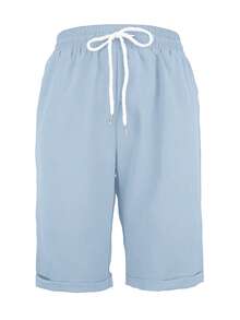 Jisfaneya纯色弹力腰抽绳口袋褶皱面料蓝色直筒裤，适合度假、休闲、居家穿着，春夏七分裤 - 藍色 - 查看 3