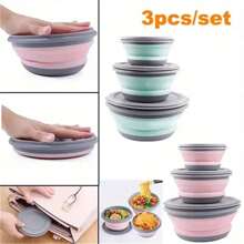 Ciotola pieghevole portatile in silicone con coperchio, durevole e facile da pulire, adatta per ufficio, all'aperto, viaggio, campeggio, picnic, forma rotonda, rosa e verde, utensili da cucina e da tavola