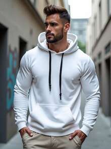 Blusa de Frio Liso Moletom Canguru Masculino e Feminino em Algodão Flanelado Bolso Frontal Com Capuz Ajustável GuGi - Branco - Visão 6