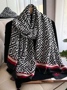 1 件女士几何印花仿丝围巾，时尚百搭防晒披肩，旅行和日常装饰，春秋