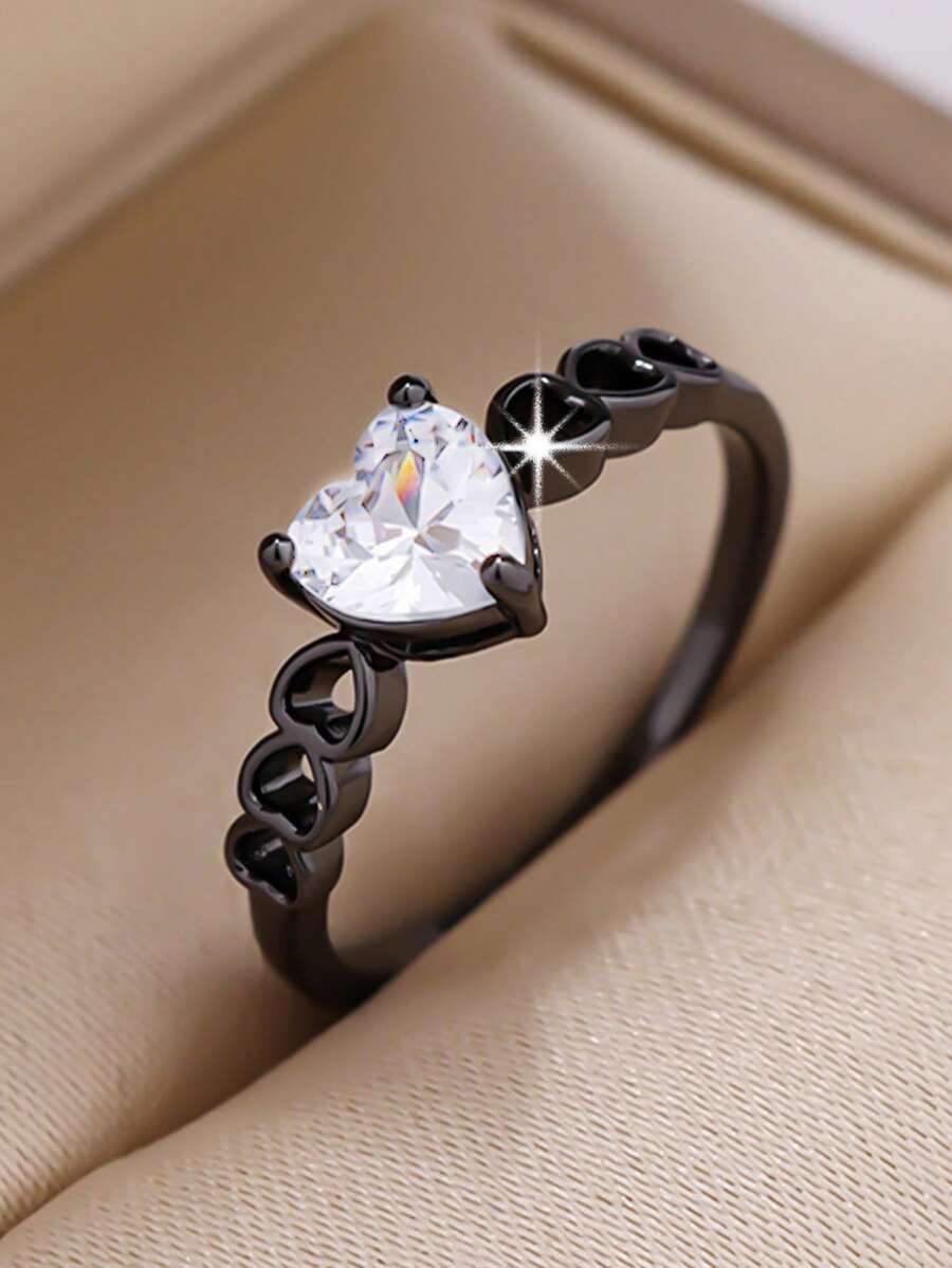 1pc Fashionable & Elegant Heart-Shaped Hollow Rhinestone Ring - White - View 1