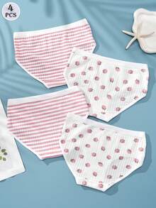 4 件女士可爱三角内裤 - 舒适有弹性，草莓和条纹印花，低腰，柔软粘合混纺，时尚内衣，棉质内衣 - 彩色 - 查看 2