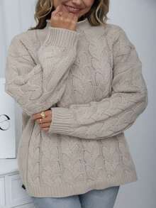 Plus Size Cable Knit Pullover Sweater, Dropped Shoulder Long Sleeve Crew Neck Warm Knitted Top Vacation - Khaki - View 3