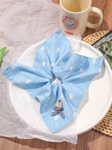 1pc Sweet Collegiate Bowknot Print Blue Square Scarf Hair Tie, Cute Teddy Bear Cartoon Soft Fabric Ponytail Holder, Versatile & Minimalist Ponytail Holders Hair Elastics Hair Rubber Bands Scrunchies Hair Rope Elastic Hair Tie