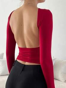 Women's Basic Backless Crop Top Long Sleeve High Quality Simple Elegant Casual Backless/Backless - 酒紅色 - 查看 1