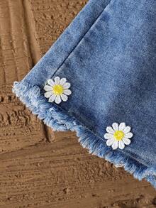 2pcs Girls Summer Casual Simple Embroidery Top And Denim Shorts Set - White - View 5