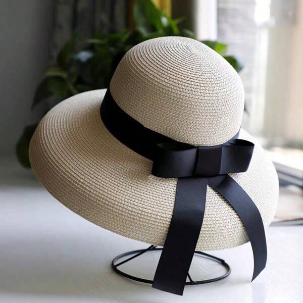 1pc Retro Black Fashionable Sun Hat, Sun Protection Wide Brim Beach Hat For Women, Summer Resort, Includes Care Instructions If Hat Arrives Slightly Pressed