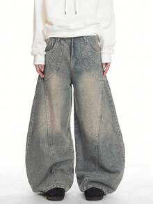 1件装男士Justice Brother风格休闲拼接直筒牛仔裤，做旧水洗，宽松版型街头风阔腿裤