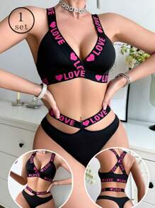 Women Letter Printed Underwear Set, Wireless Sports Lingerie Bra And Panty Set, Thin Style