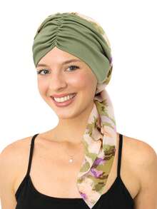 1pc European And American Style Floral Pleated Headband Cap For Women, Fashionable Printed Chiffon Long Tail Headdress Cap