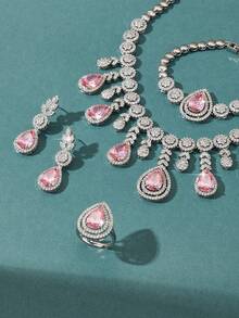 5件套奢华首饰套装：项链、耳环、戒指、手链，饰以粉色水滴形人造锆石，适合中东派对、宴会、日常佩戴、搭配礼服、婚礼等场合。 - 四件套 - 查看 4