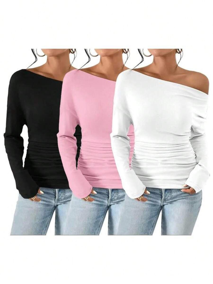 Women's Plain Minimalist Basic Ruched Asymmetrical Neck Drop Shoulder Tee, Elegance Mufti Clothes, Fall Long Sleeve T-Shirt For Everyday, Back To School T Shirts, Lady Clothes For Streetwear, Womenswear, Casual Wear - 黑色*1件+粉紅色*1件+白色*1件 - 查看 1