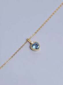 Colar banhado a ouro 14K em prata esterlina S925, pingente elegante de coração com zircônia cúbica em tom água-marinha, design minimalista e elegante, ótimo presente para mãe ou amigas
