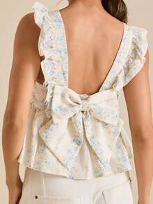 Women's Summer Floral Print Tank Tops Ruffle Cap Sleeve Bow Tie Backless Crop Top Square Neck Ruffle Hem Blouse Tops - 白色 - 查看 5