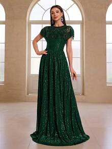 YISIKADO Women's Elegant Luxury Sequin & Bead Decor Shawl Collar Evening Dress - 墨綠色 - 查看 4