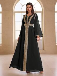 YISIKADO Váy dài tay thắt đai sequin chiffon phong cách Ả Rập dành cho nữ cho những dịp trang trọng - màu đen - Xem 6