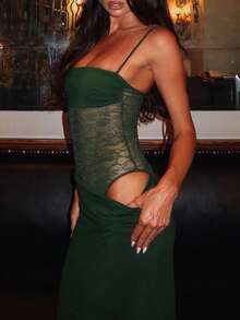 女士优雅橄榄绿色长裙，适合日常休闲穿着、派对、婚礼、周年纪念、音乐节、浪漫假期、情人节约会、时尚性感蕾丝拼接鱼尾长裙 - 綠色 - 查看 5