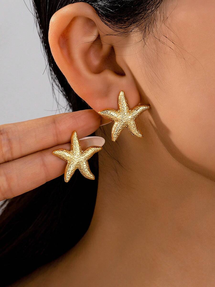 1 对简约海星耳钉，欧美设计，时尚海洋风格女士耳环 - 金色 - 查看 1