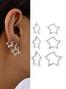 6pcs/Set High Quality Copper Metal Pentagram Hoop Earrings, Women Fashion Casual Sports Business Matching Pentagram Earrings Jewelry Set - 銀色-6件 - 查看 9