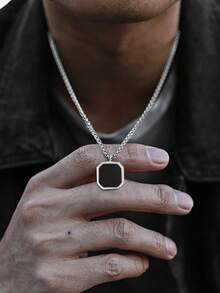 1pc Men's Simple Black Stainless Steel Tag Pendant Necklace - Multicolor - View 2