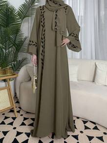 Set de vestido elegante de Eid con bordado de plantas y bufanda, conjunto de vestido y bata modesto encantador y de alta gama para ceremonias festivas