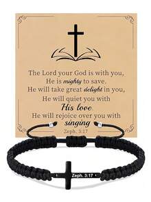 Goodwaro 1 件 18K 镀金不锈钢基督教礼物十字架手链，男/女手工编织信仰励志祈祷珠宝礼物 - 黑色 - 查看 20