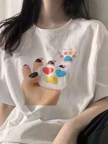 1-Piece 200gsm Pure Cotton Casual T-Shirt With Cute Animal Print And Colorful Heart Design, Perfect For All Seasons, Commuting, And Everyday Wear, 2025 Edition, Perfect For Valentine's Day